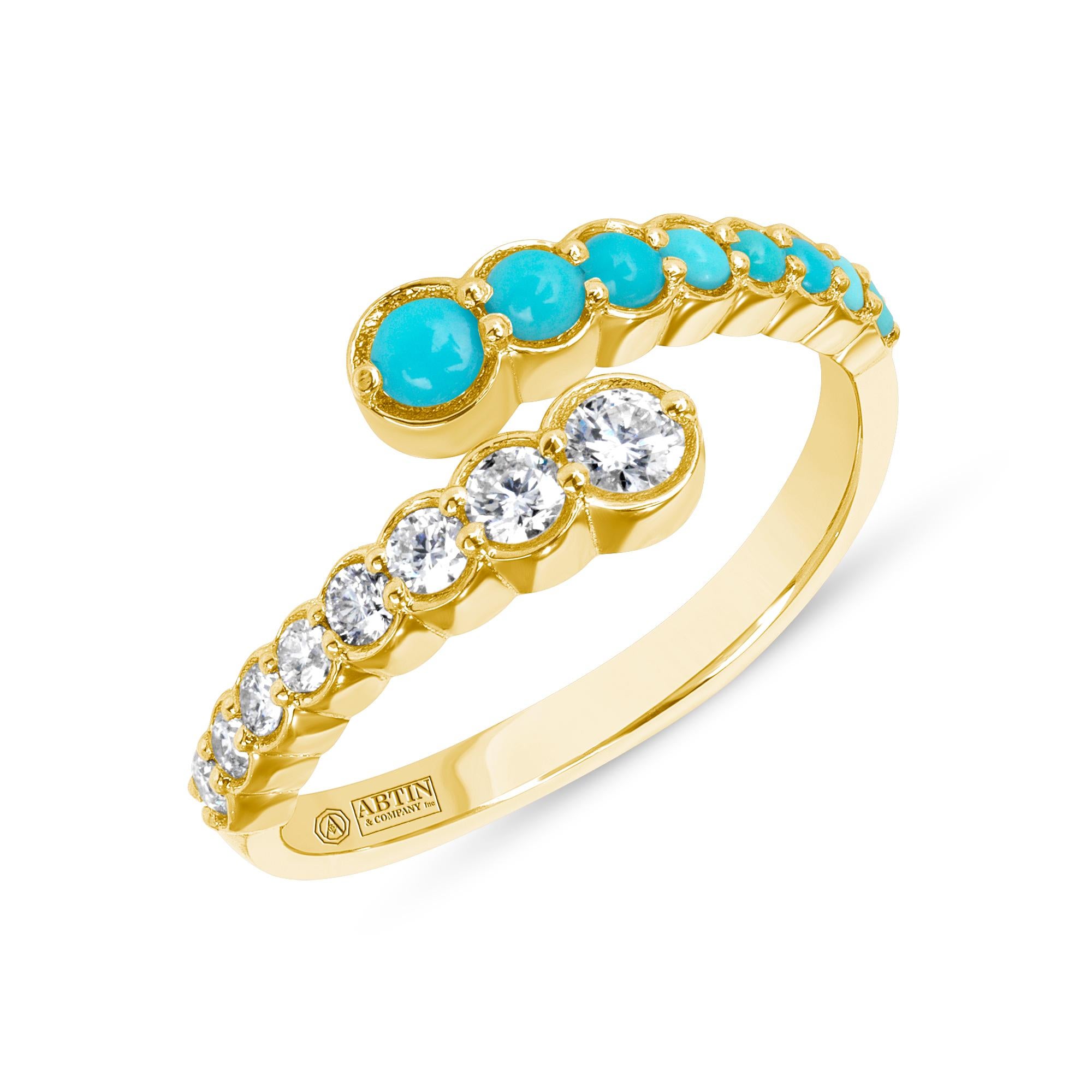 Modern 14K White Gold Diamond & Turquoise Bezel Bypass Ring Band  For Sale
