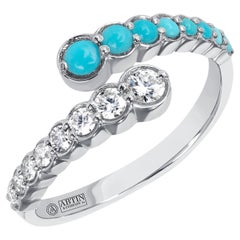 14K White Gold Diamond & Turquoise Bezel Bypass Ring Band 