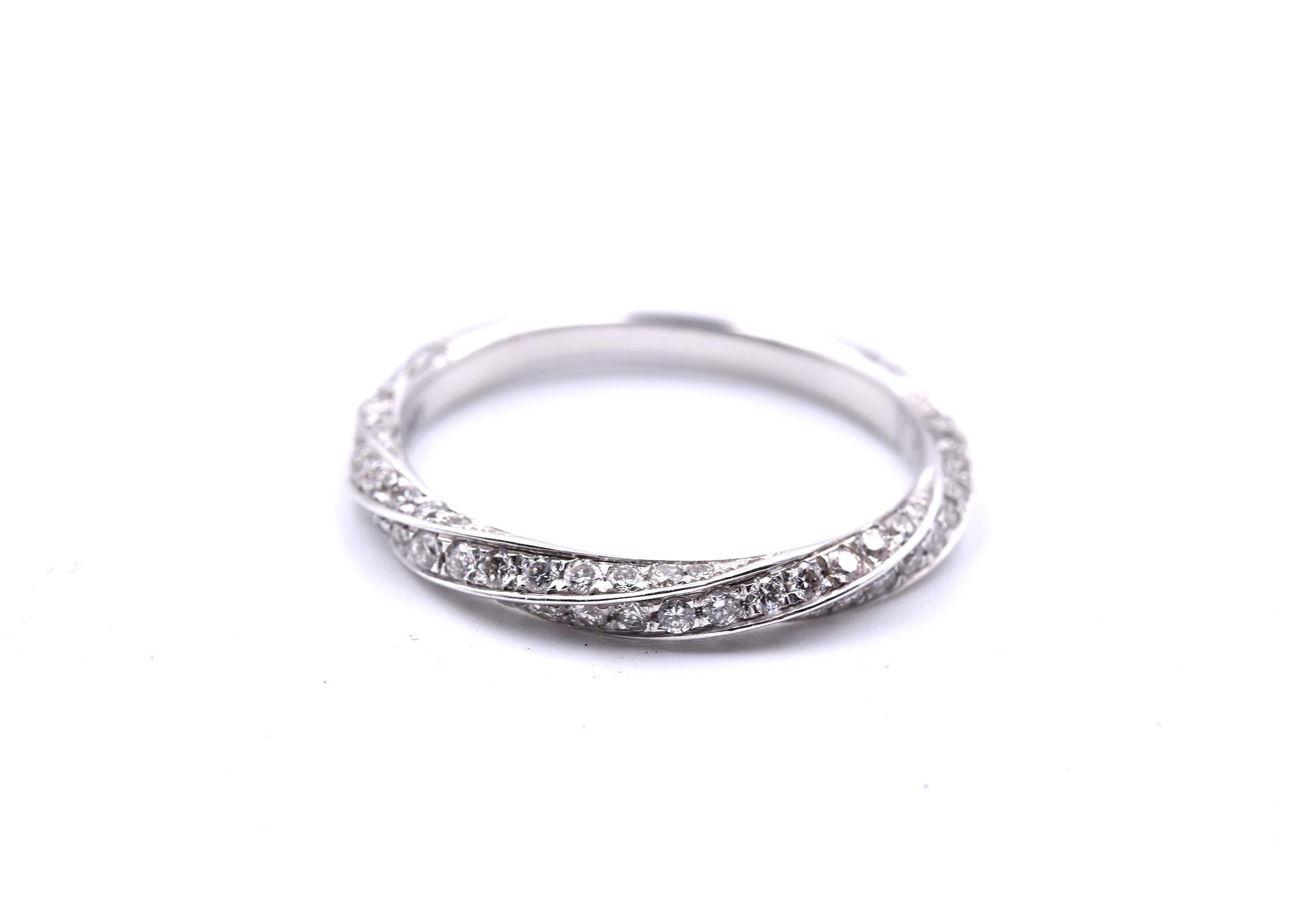 Designer: custom design
Material: 14k white gold
Diamonds: round brilliant cut =0.55cttw
Color: G
Clarity: VS
Ring size: 6 ½ (please allow two additional shipping days for sizing requests)
Dimensions: ring is approximately 2.60mm wide
Weight: 1.93