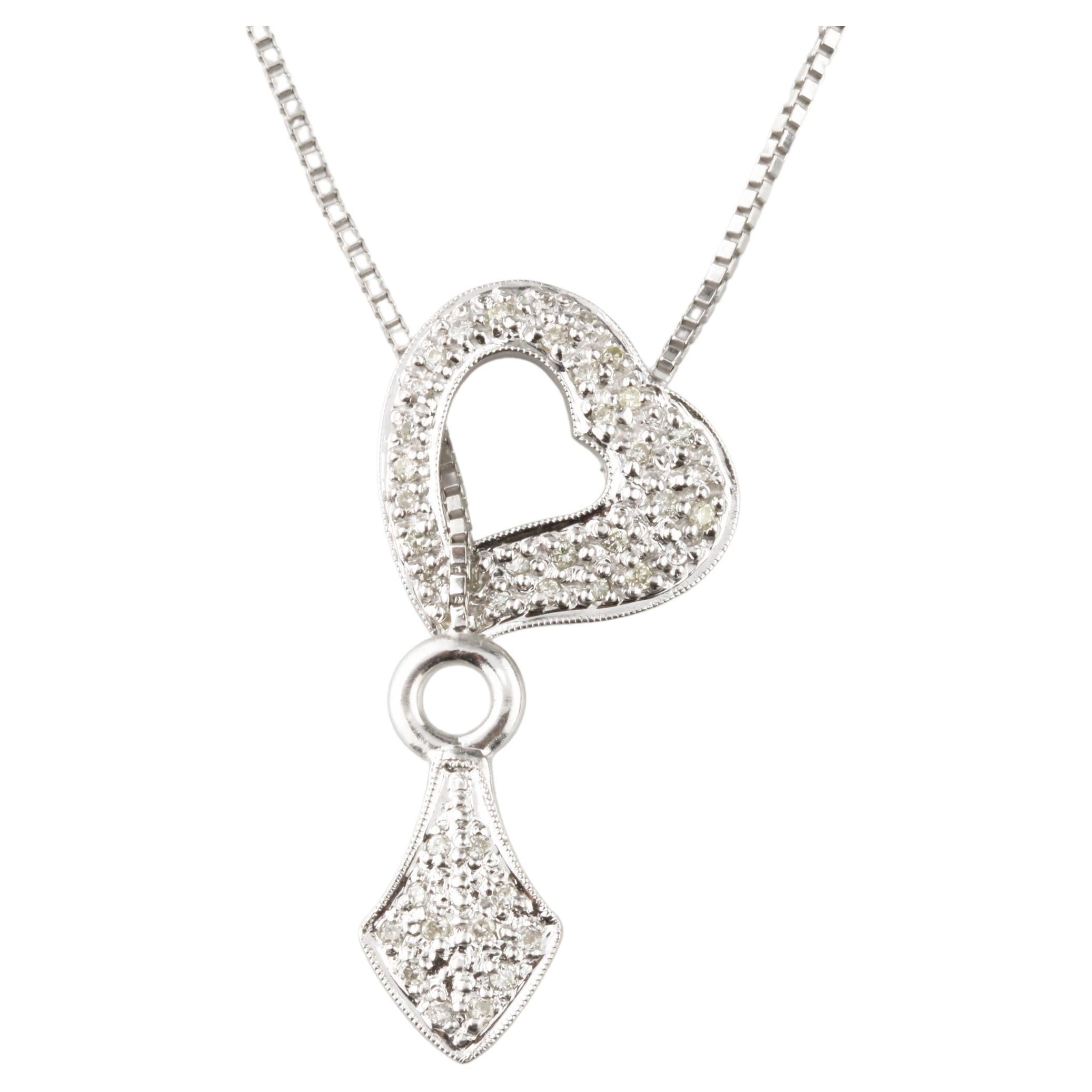 14k White Gold Diamond Unique Heart Lariat Necklace 0.22 Carat For Sale