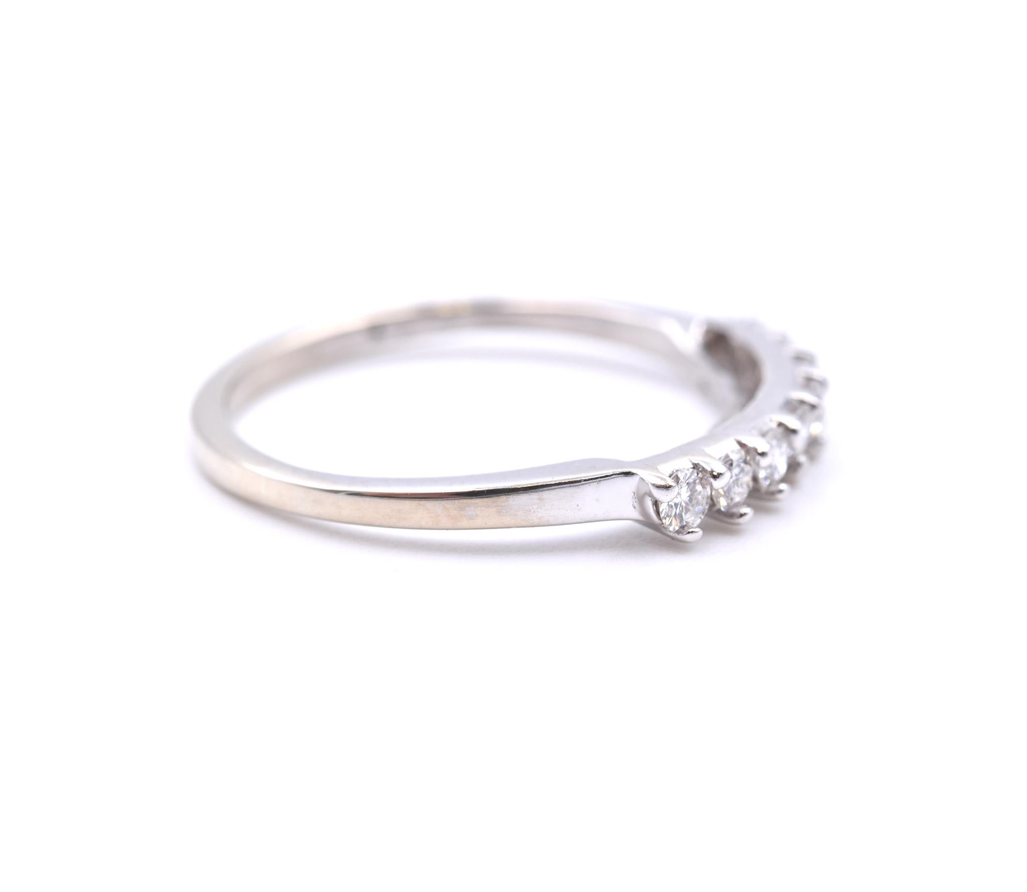 Material: 14k White Gold
Diamonds: 8 round brilliant cut = 0.36cttw
Color: H
Clarity: SI1
Ring Size: 7.5 (please allow up to 2 additional business days for sizing requests)
Dimensions: ring measures 1.60mm wide
Weight: 2.09 grams
