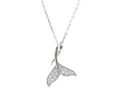 14K White Gold Diamond Whale Tail Fluke Pendant Necklace