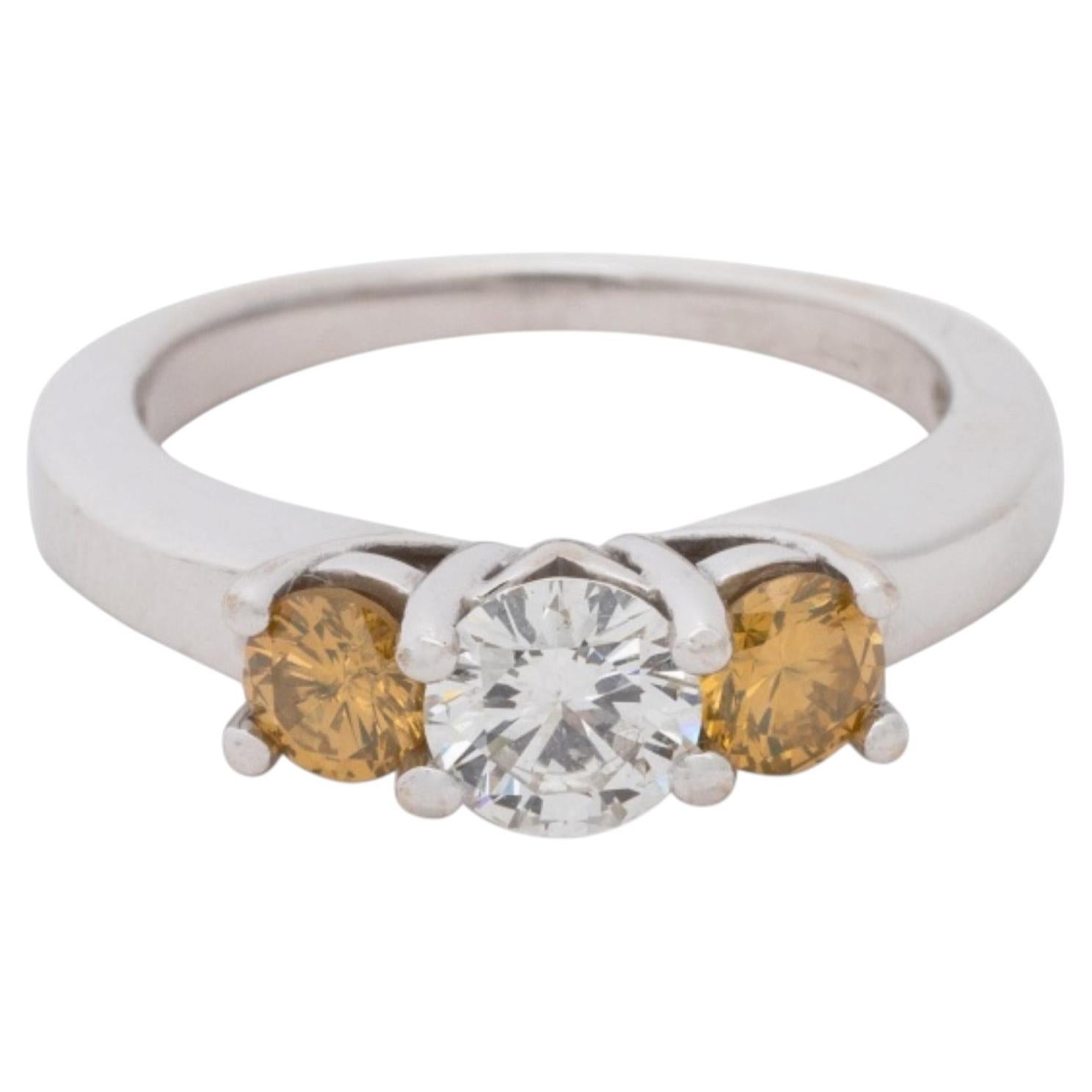 14K White Gold Diamond with Yellow Diamonds Three-Stone Ring For Sale