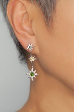 14K White Gold Diamond Zircon Tourmaline Topaz Celestial Star Drop Earrings