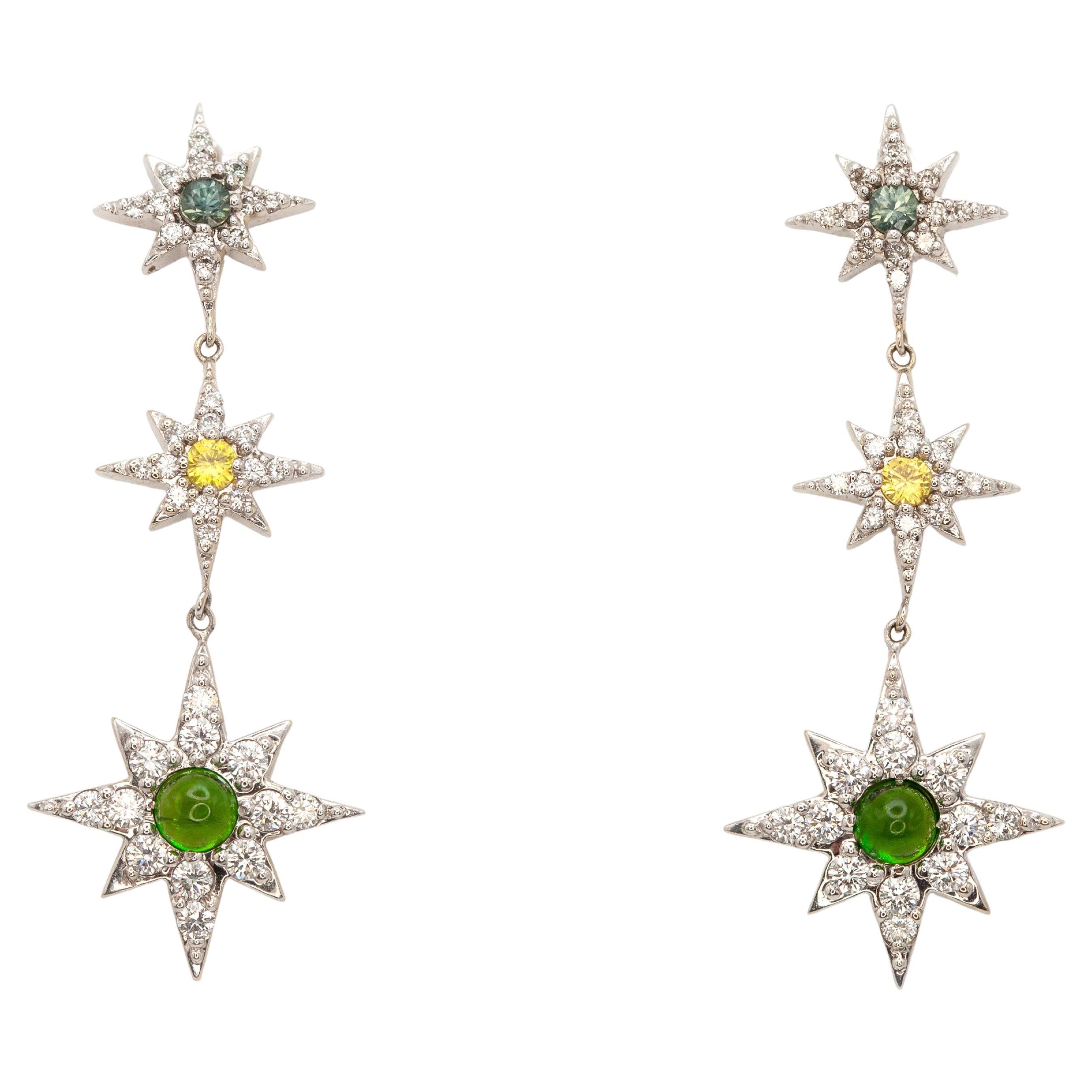 14K White Gold Diamond Zircon Tourmaline Topaz Celestial Star Drop Earrings in vendita