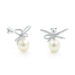 14 Karat White Gold Diamonds and Fresh Water Pearl Bow Stud Earrings