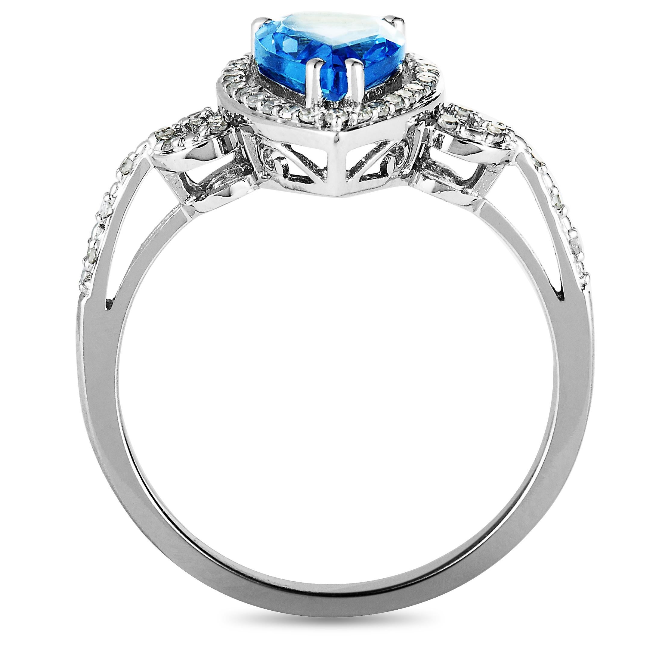 This ring is made of 14K white gold and weighs 2.7 grams, boasting band thickness of 2 mm and top height of 6 mm, while top dimensions measure 20 by 12 mm. The ring is set with a topaz and with a total of 0.17 carats of diamonds.
 
 Offered in brand