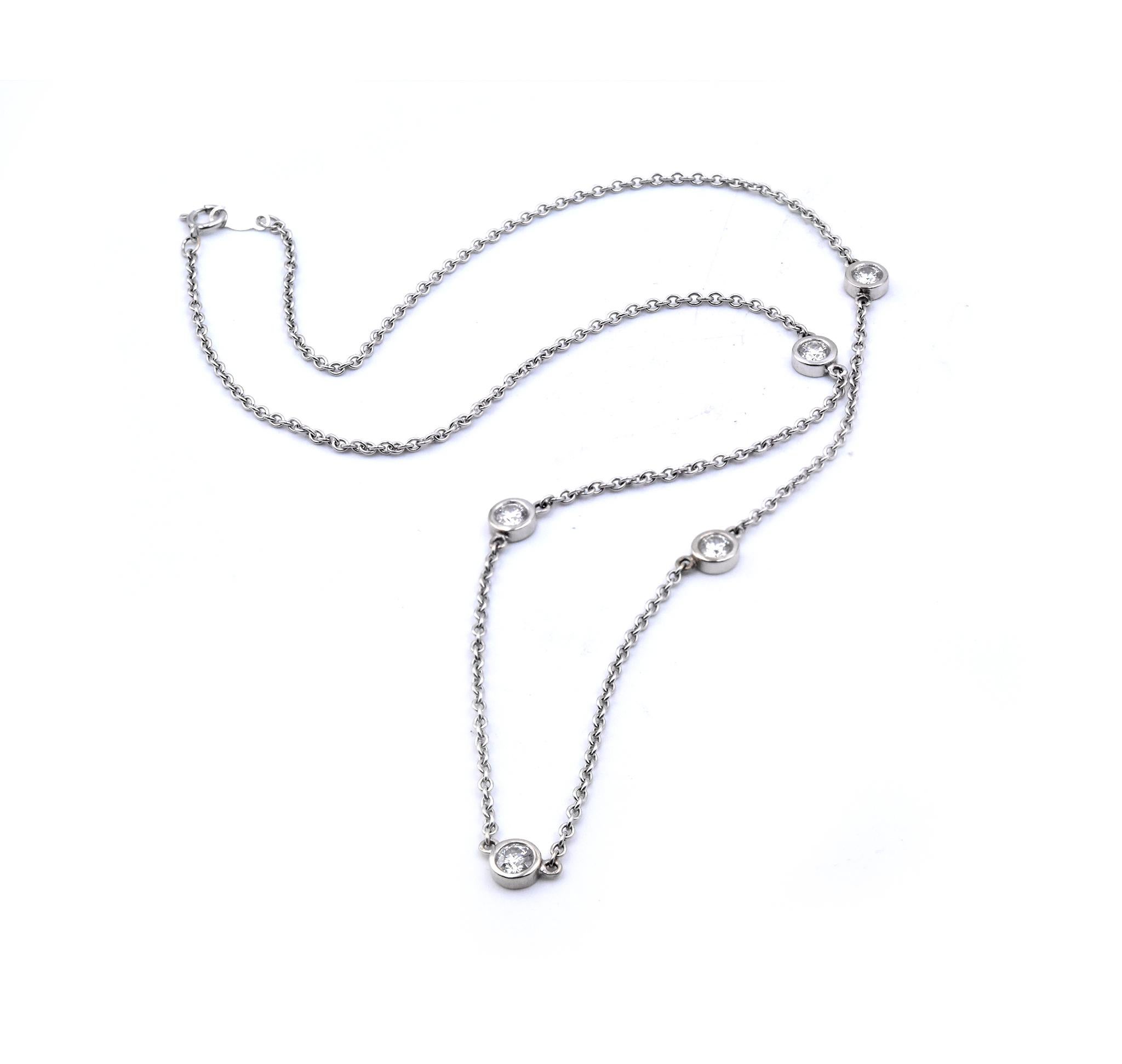 Designer: Watchlink
Material: 14k white gold
Diamonds: 5 round brilliant cuts = 0.75cttw
Color: G-H
Clarity: VS2
Dimensions: necklace measures 16-inches in length
Weight: 3.6 grams
