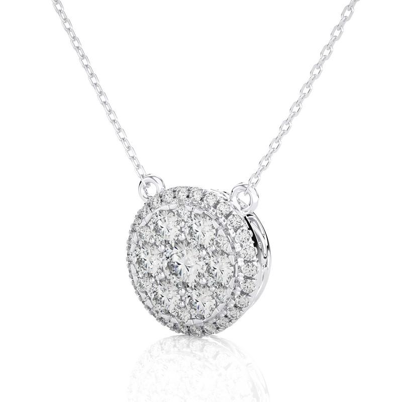 Modern 14K White Gold Diamonds Moonlight Round Cluster Necklace -1 ctw For Sale