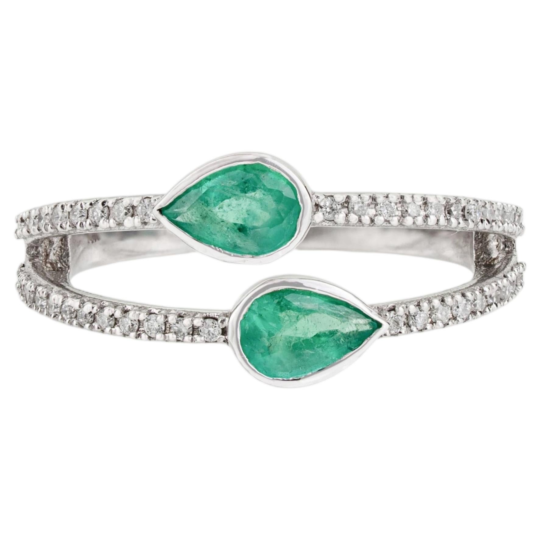 For Sale:  14K White Gold Double Band Ring with Pear Shape Natural Emerald & Diamond