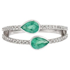 14K White Gold Double Band Ring with Pear Shape Natural Emerald & Diamond