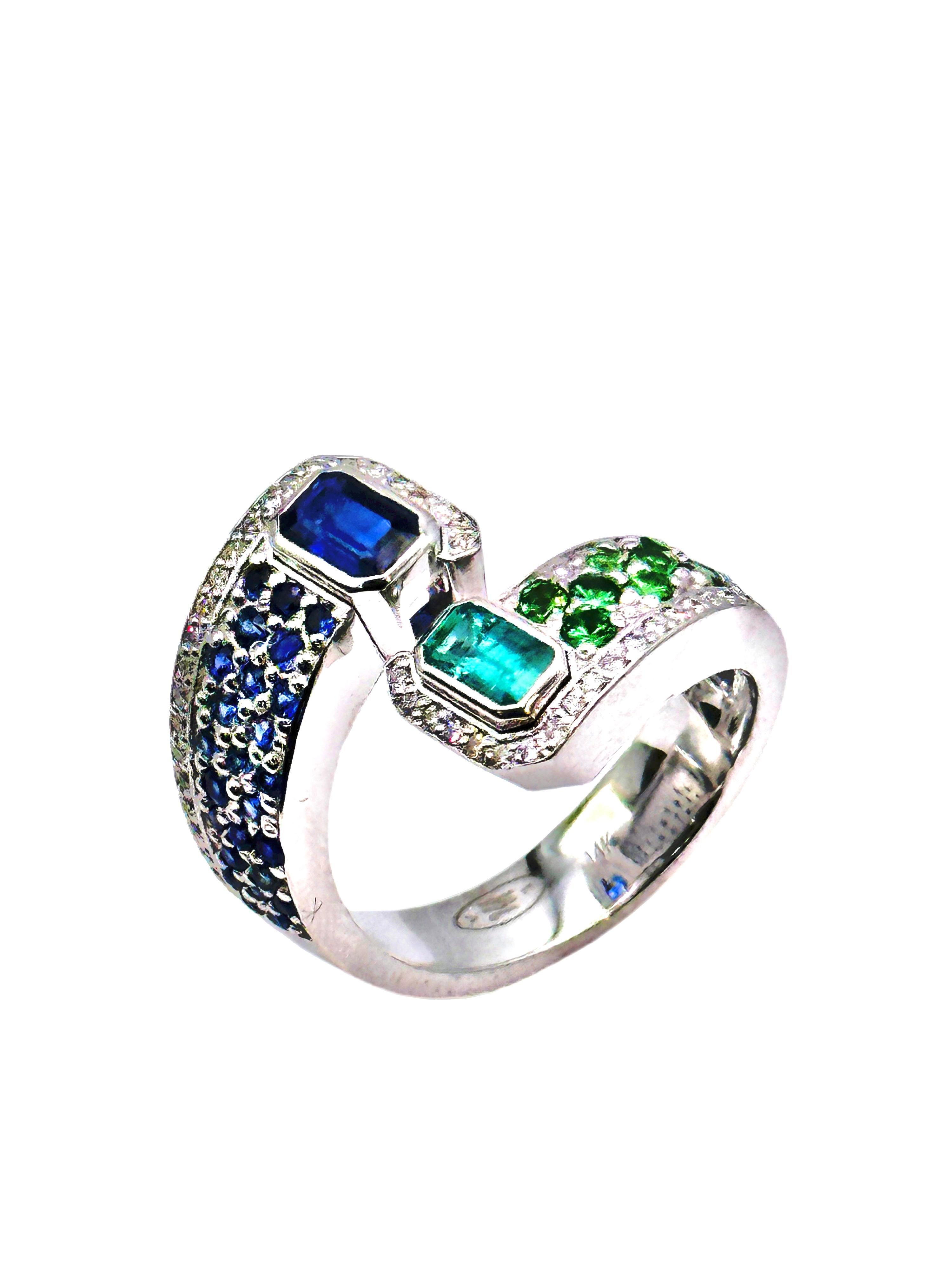 For Sale:  14K White Gold Double Emerald Cut Aquamarine and Blue Sapphire Bypass Ring 2