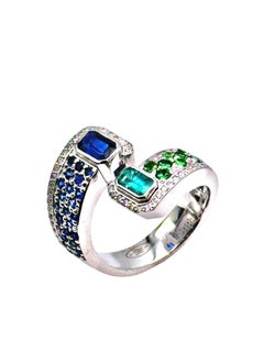 14K White Gold Double Emerald Cut Aquamarine and Blue Sapphire Bypass Ring