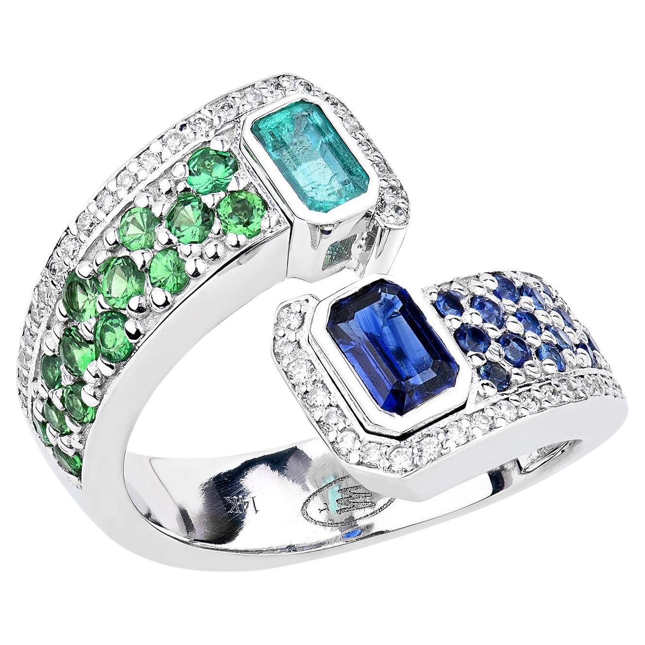 For Sale:  14K White Gold Double Emerald Cut Aquamarine and Blue Sapphire Bypass Ring