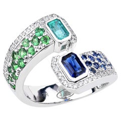 14K White Gold Double Emerald Cut Aquamarine and Blue Sapphire Bypass Ring