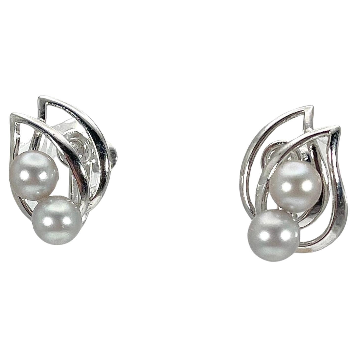 14K Weißgold Doppelgraue Perlen-Ohrringe mit Schraubverschluss hinten 
