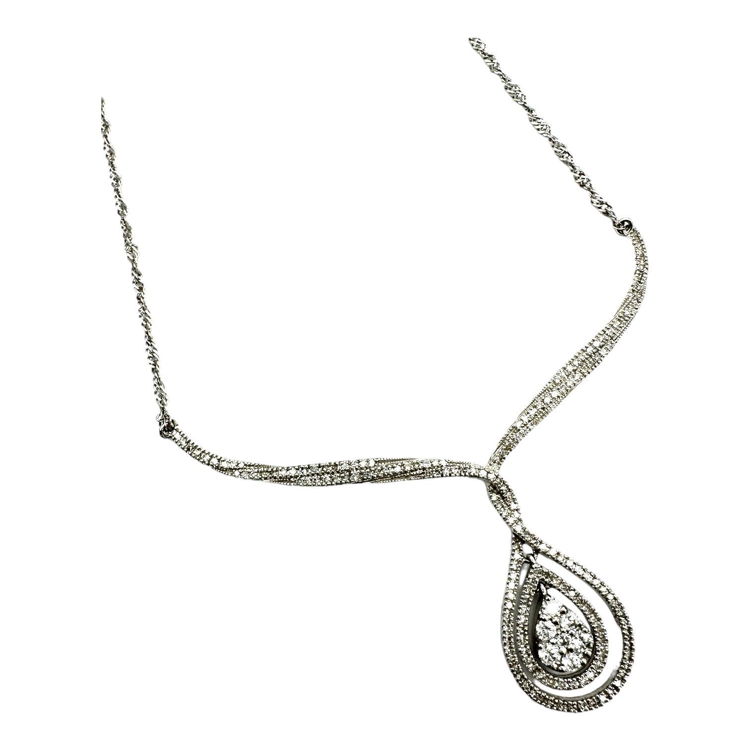 Round Cut 14K White Gold Double Halo 1.75 Carat Diamond Pave Necklace For Sale