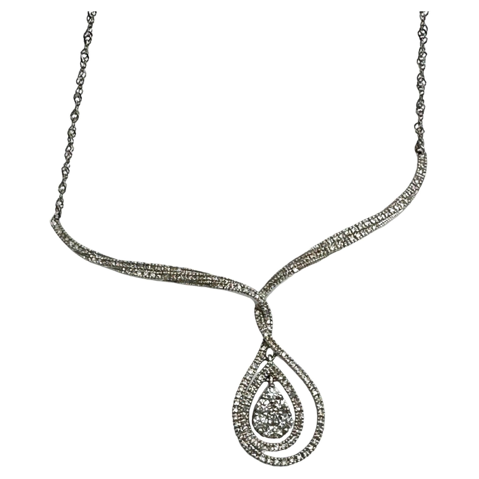 14K White Gold Double Halo 1.75 Carat Diamond Pave Necklace  For Sale