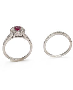 14K White Gold Double Halo Engagement Ring and Band Set with Ruby