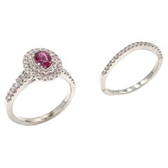 14K White Gold Double Halo Engagement Ring and Band Set with Ruby