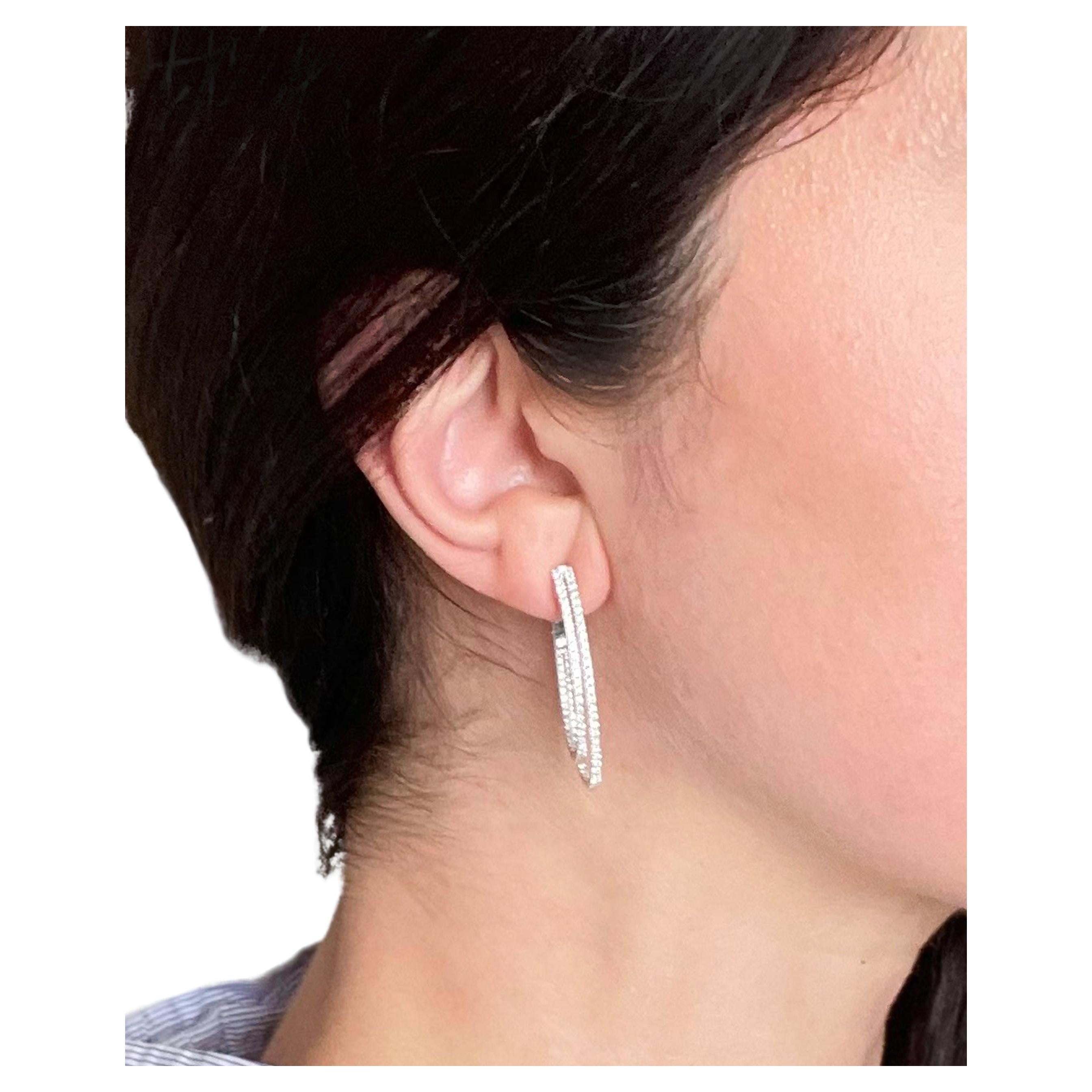 Round Cut 14K White Gold Double Hoop Diamond Earrings For Sale