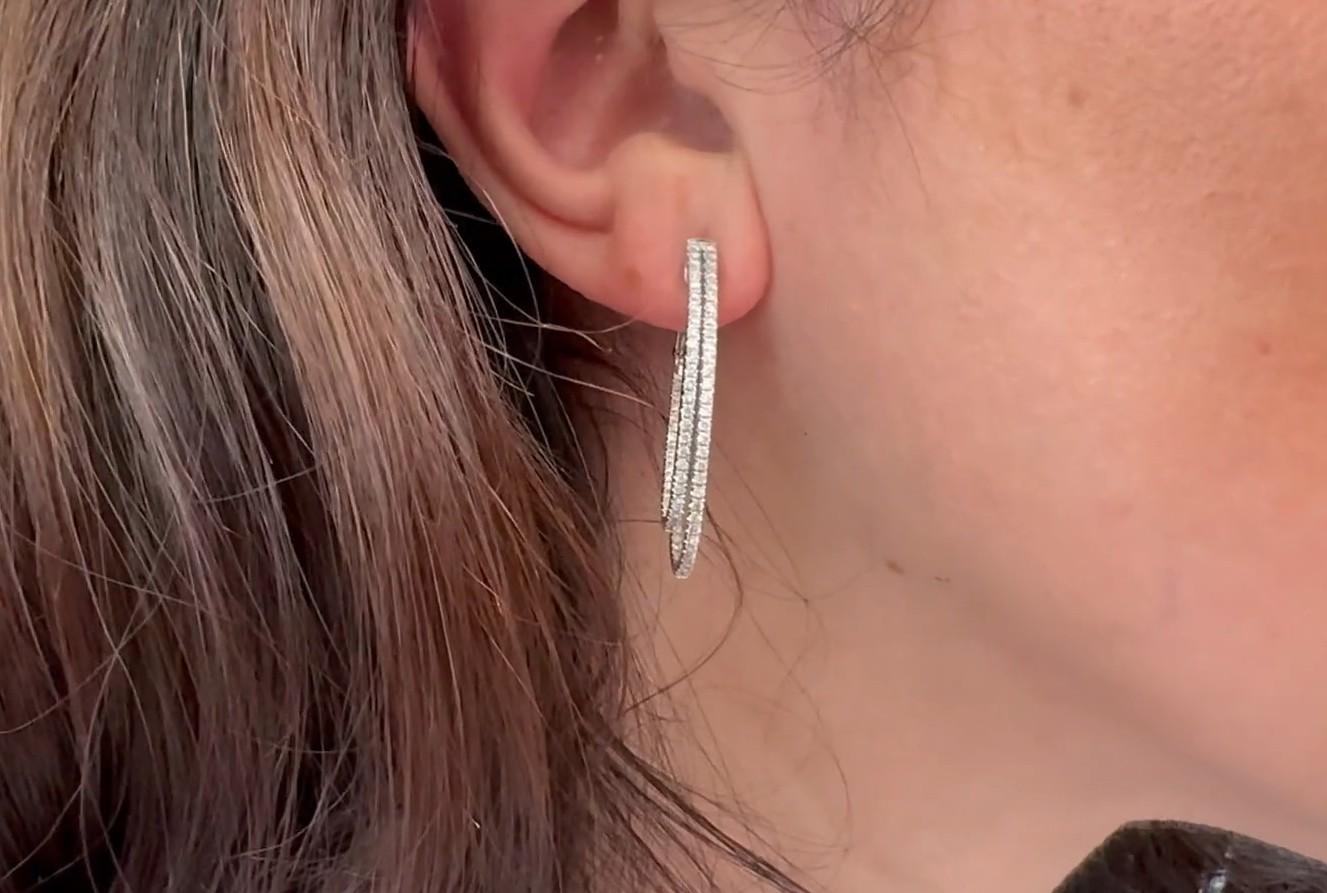 14K White Gold Double Hoop Round Diamond Earrings 0.95 Carats For Sale 1