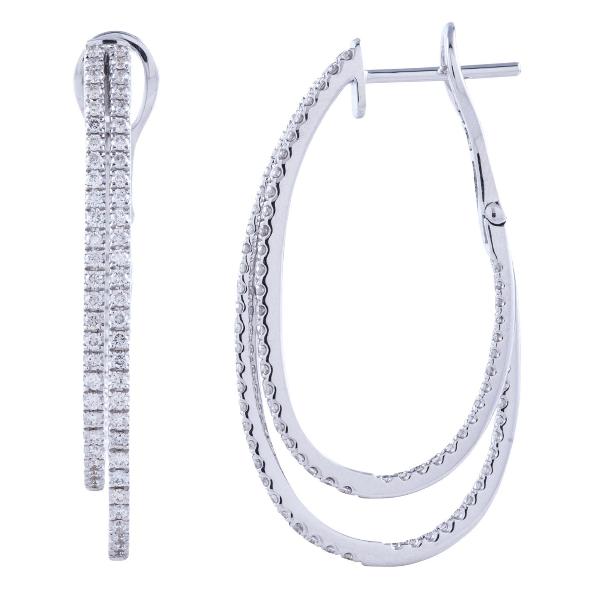 14K White Gold Double Hoop Round Diamond Earrings 0.95 Carats