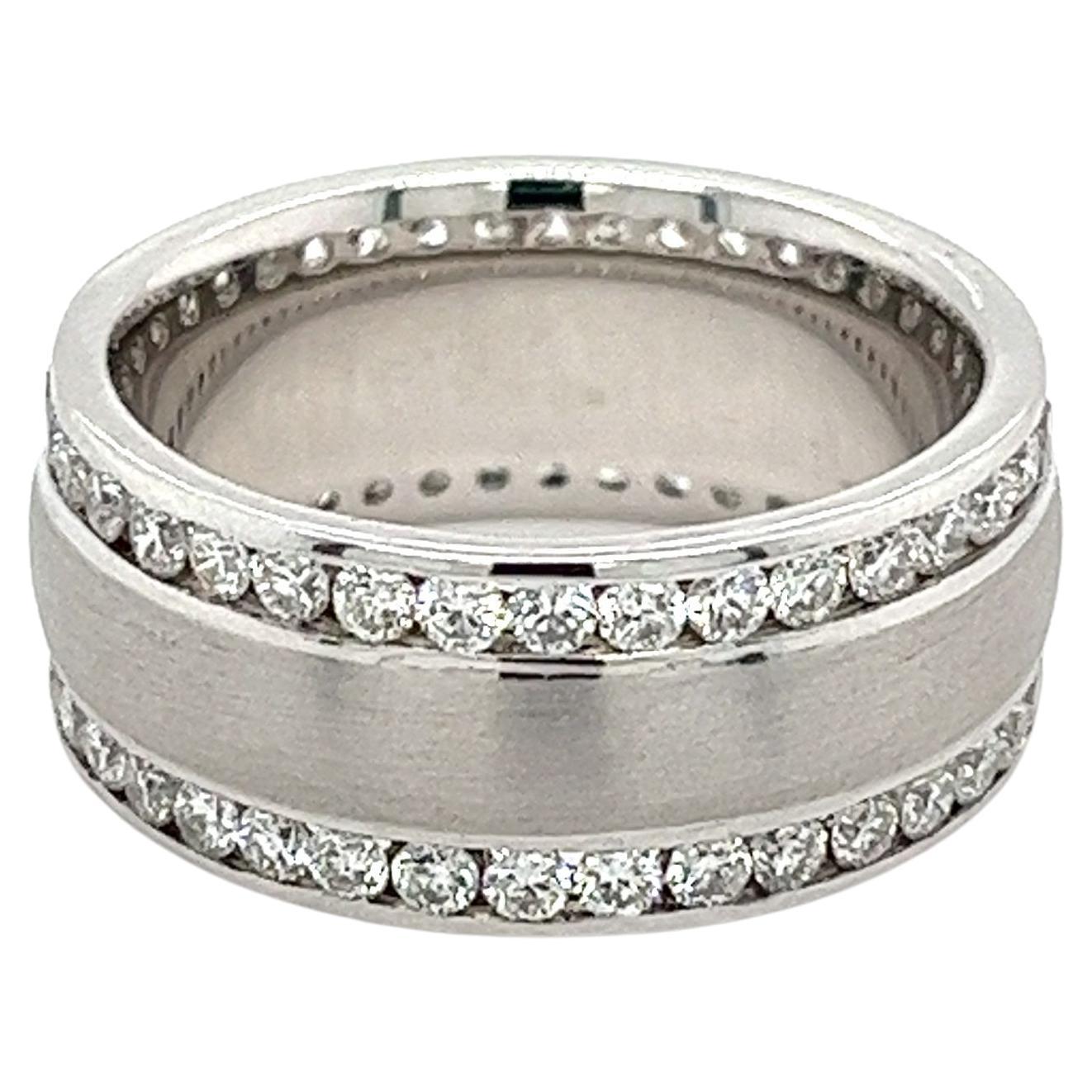 14K White Gold Double Row Diamond Band With Brushed Matte Finish Center For Sale