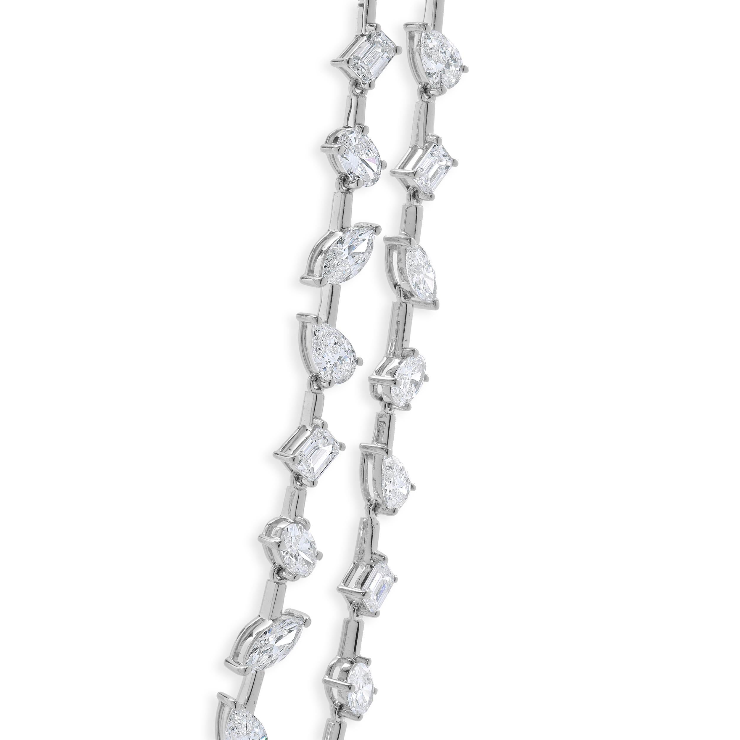 Designer: custom
Material: 14K white gold
Diamonds:  96 Multi-Shaped Diamonds= 17.74cttw
Color: G
Clarity:VS-SI1
Dimensions: necklace measures 16.5-inches in length 
Weight: 23.36 grams
