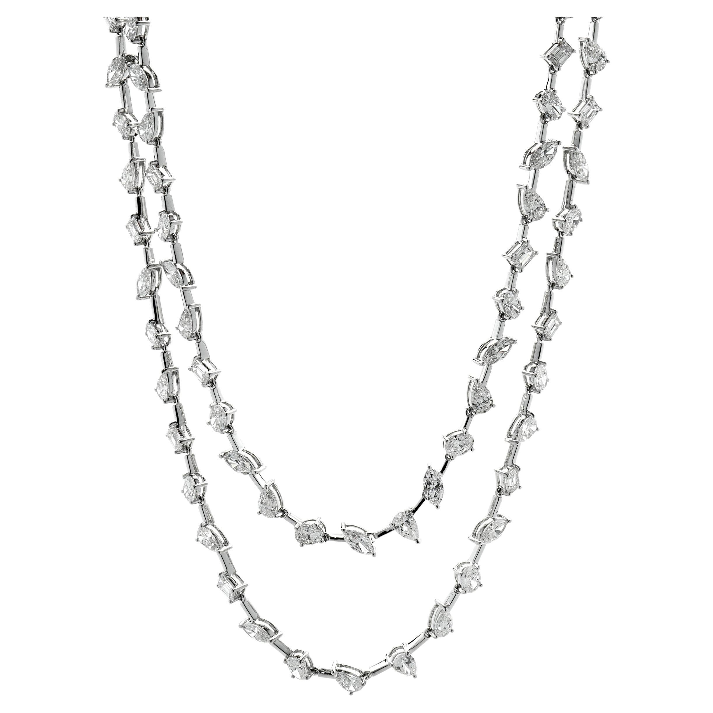 14k Weißgold Doppelreihige mehrförmige Diamant-Halskette im Angebot