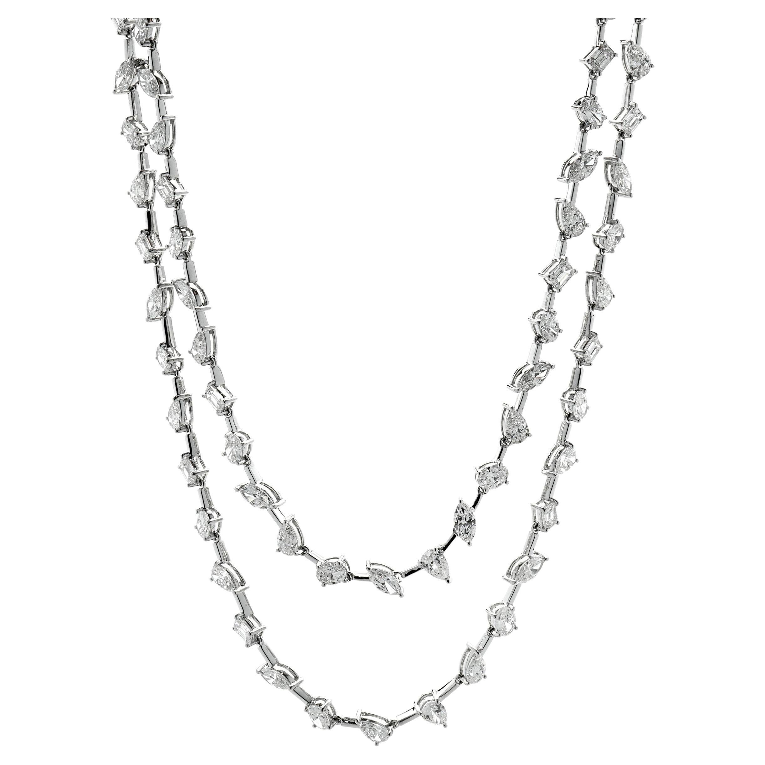 Collier à double rangée de diamants multiformes en or blanc 14 carats