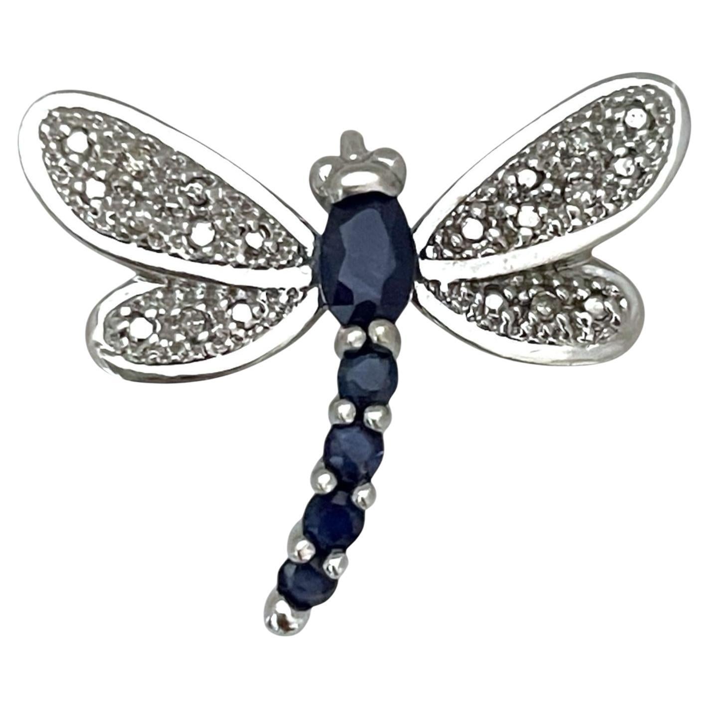 14K White Gold Dragonfly Pendant with Blue Sapphires and Diamonds