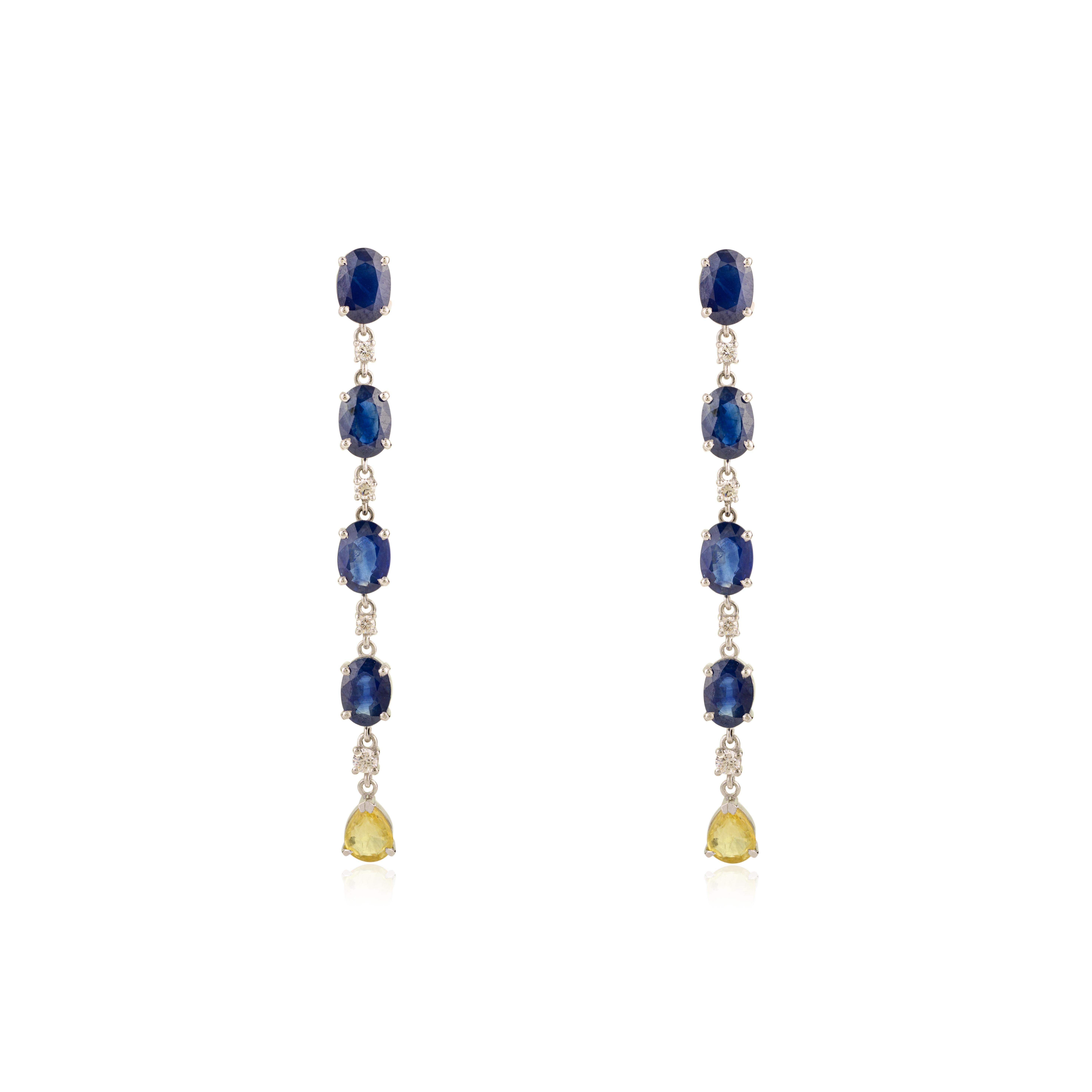Orecchini pendenti in oro bianco 14k con zaffiro blu da 9,43 carati, zaffiro giallo e diamante in vendita 1