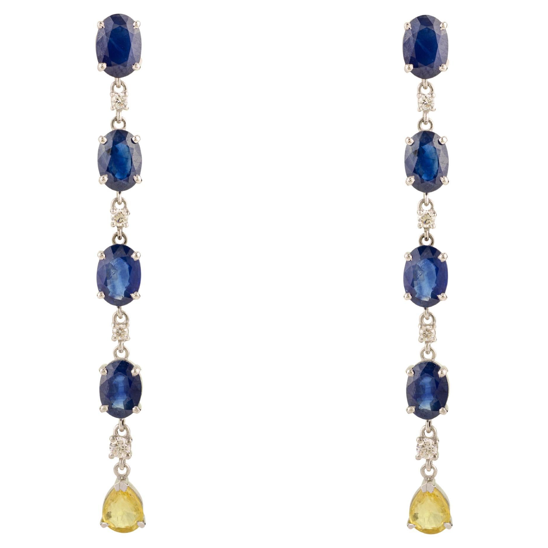 Boucles d'oreilles pendantes en or blanc 14k avec 9.43Ct Blue Sapphire Yellow Sapphire & Diamond