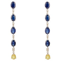 Boucles d'oreilles pendantes en or blanc 14k avec 9.43Ct Blue Sapphire Yellow Sapphire & Diamond