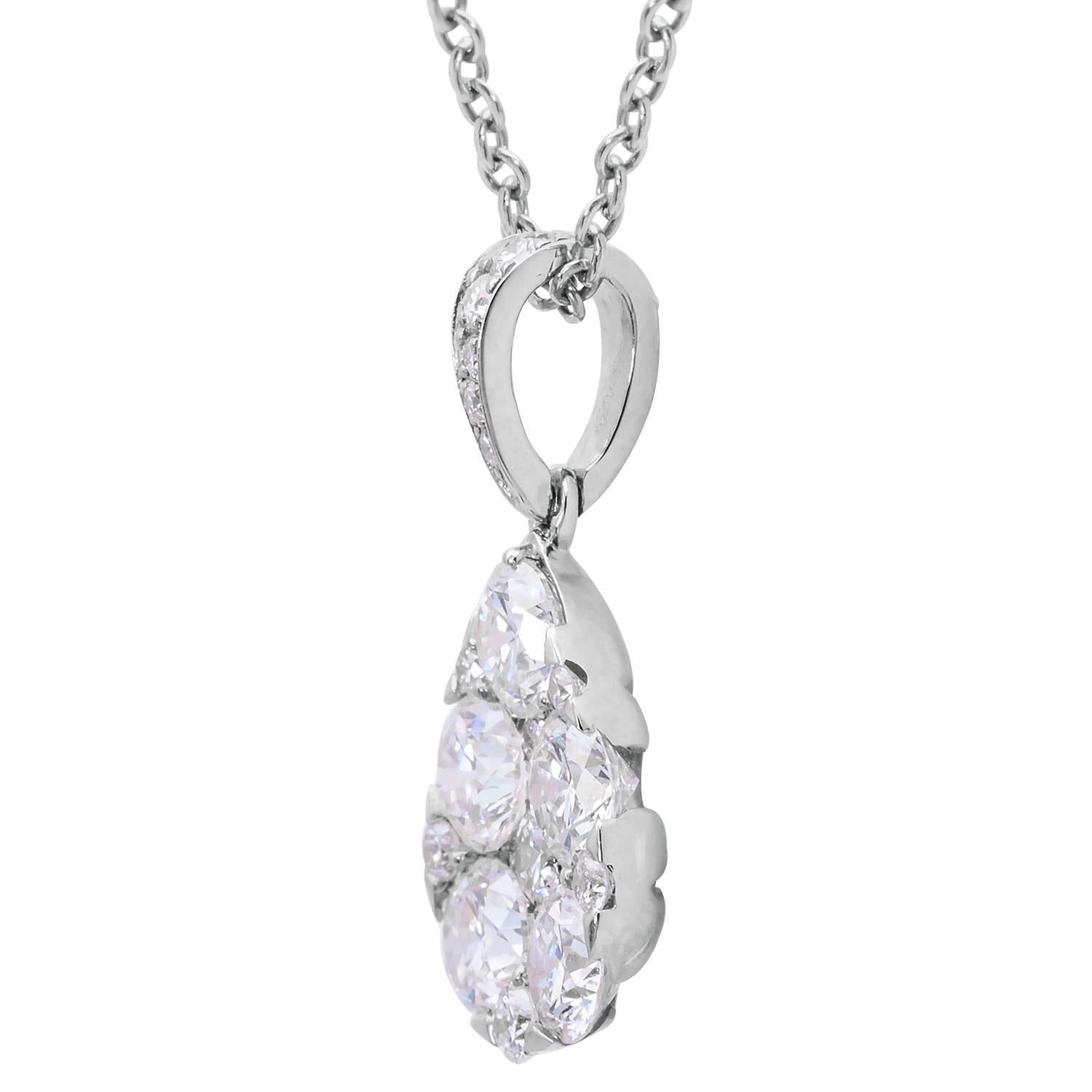 This stunning diamond pendant is made from 17 VS2, G color diamonds, totaling 1.02 carats, which form a teardrop shape, hung from a diamond-covered bail. The diamonds are set in 1.0 grams of 14 karat white gold. This beautiful pendant is hung from