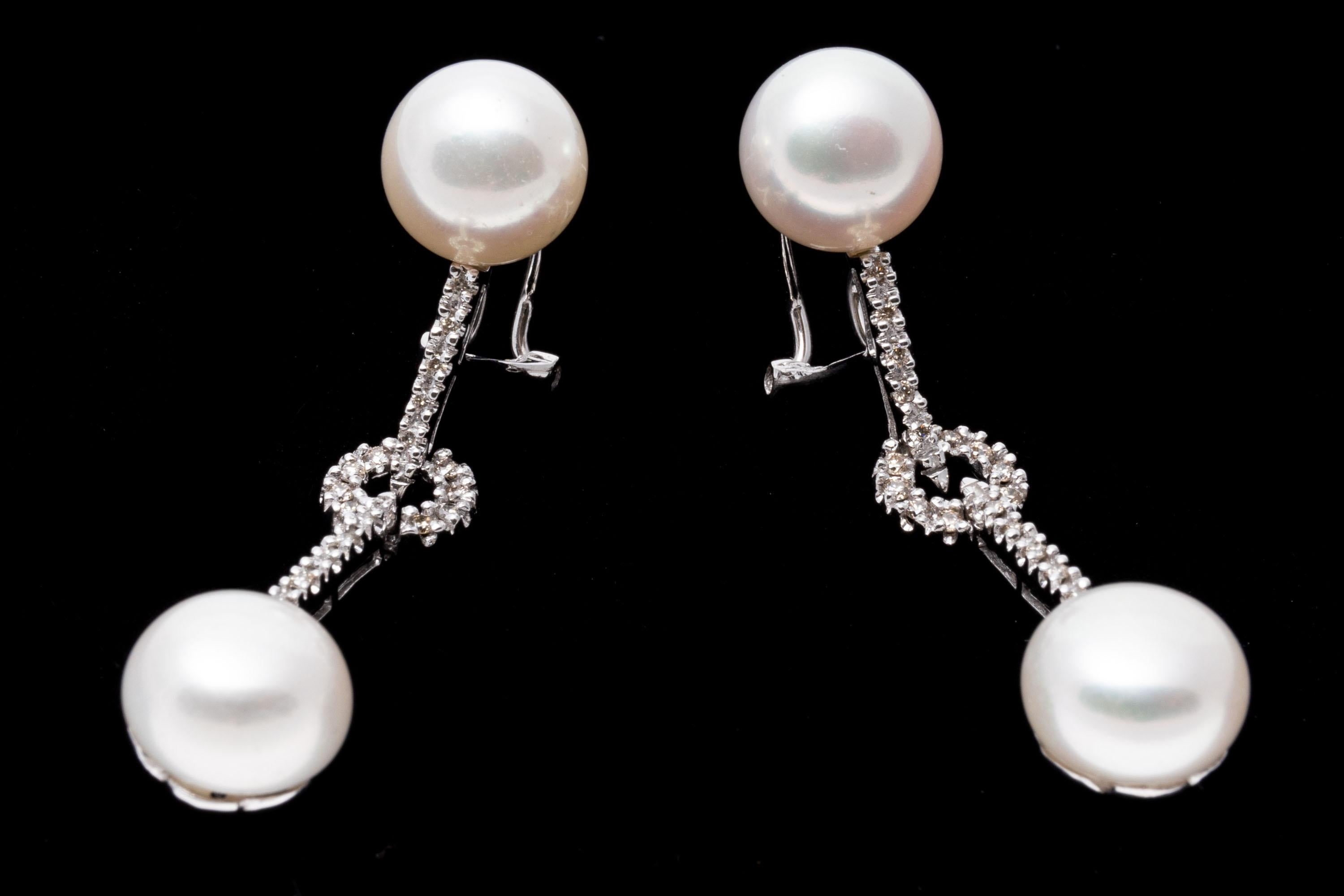 14K White Gold Drop Style Earrings with Pearls and Diamonds For Sale 1