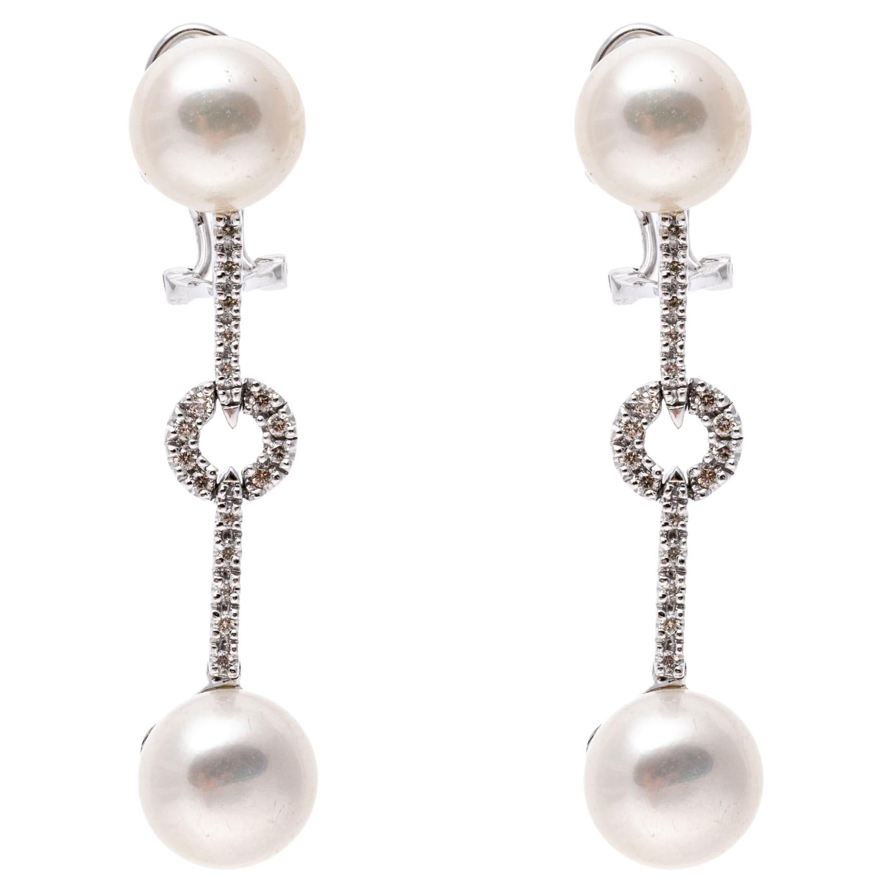 14K White Gold Drop Style Earrings with Pearls and Diamonds For Sale