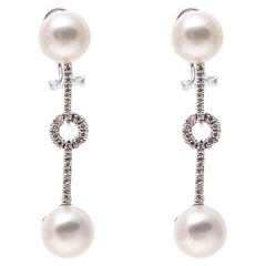 14K White Gold Drop Style Earrings with Pearls and Diamonds