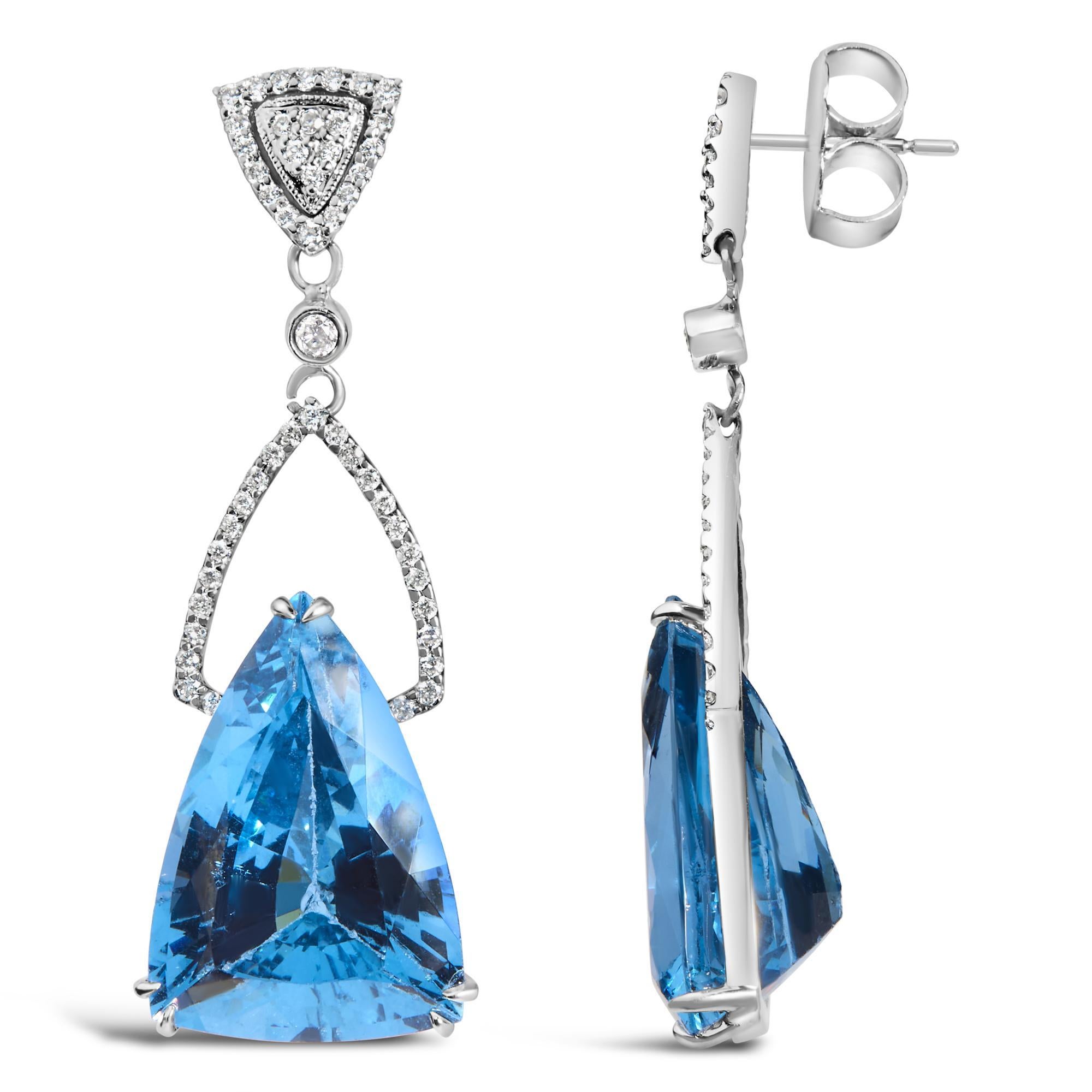 Modern 14K White Gold Earrings 4/5 Cttw Diamond and Blue Topaz Drop and Dangle Earrings For Sale