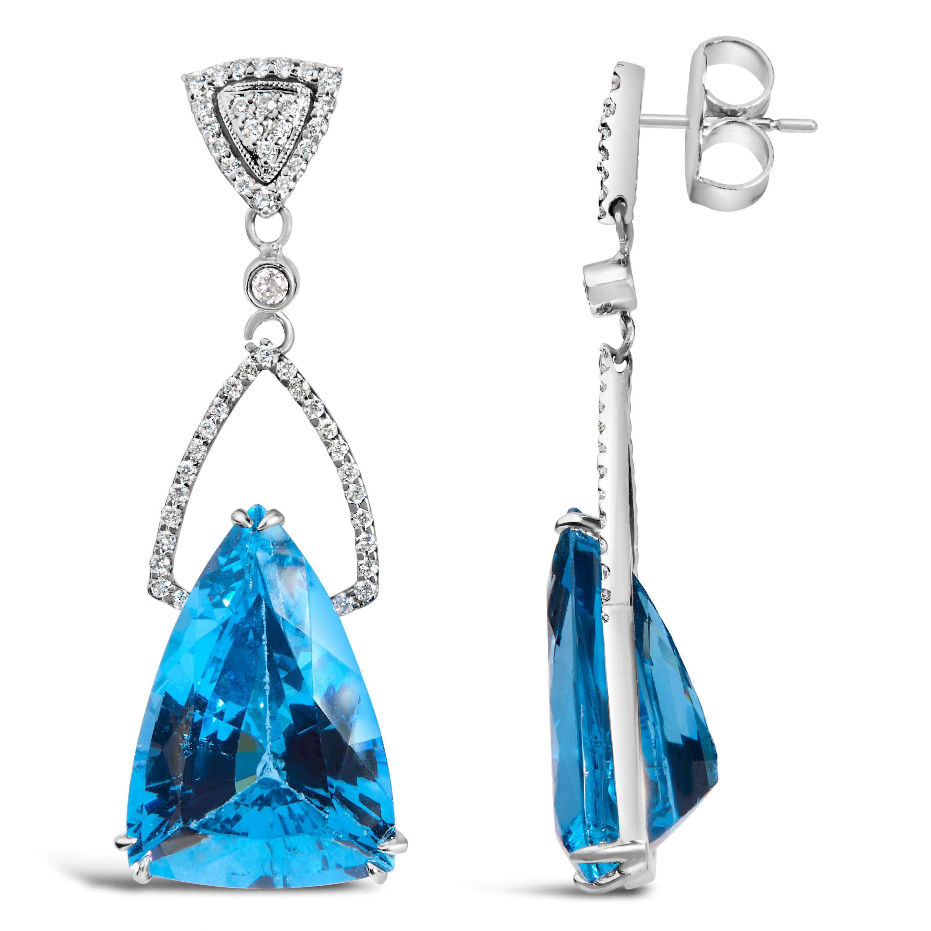 Modern 14K White Gold Earrings 4/5 Cttw Diamond and Blue Topaz Drop & Dangle Earrings For Sale