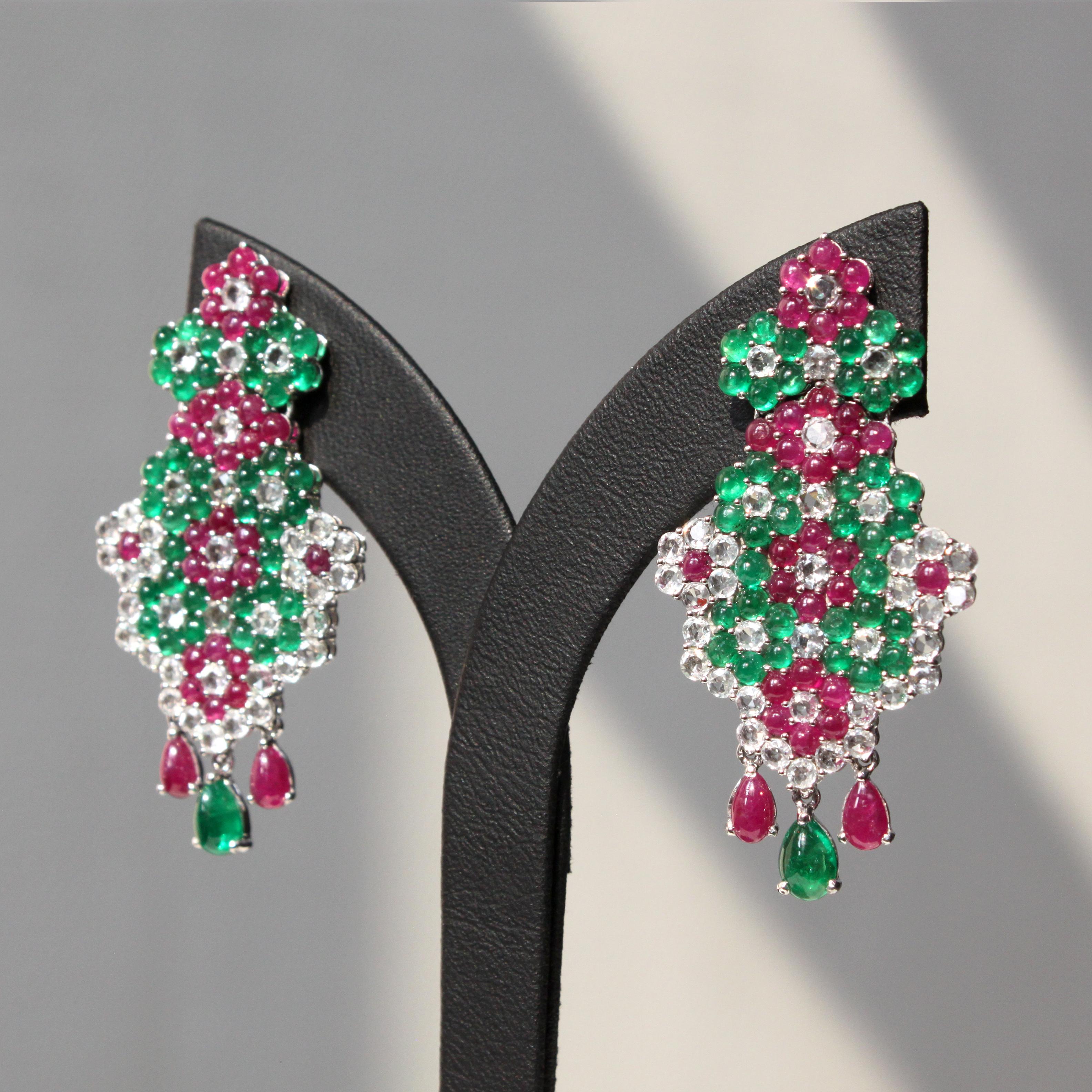 Cabochon 14K white gold earrings adorned with emeralds, rubies, and white sapphires For Sale