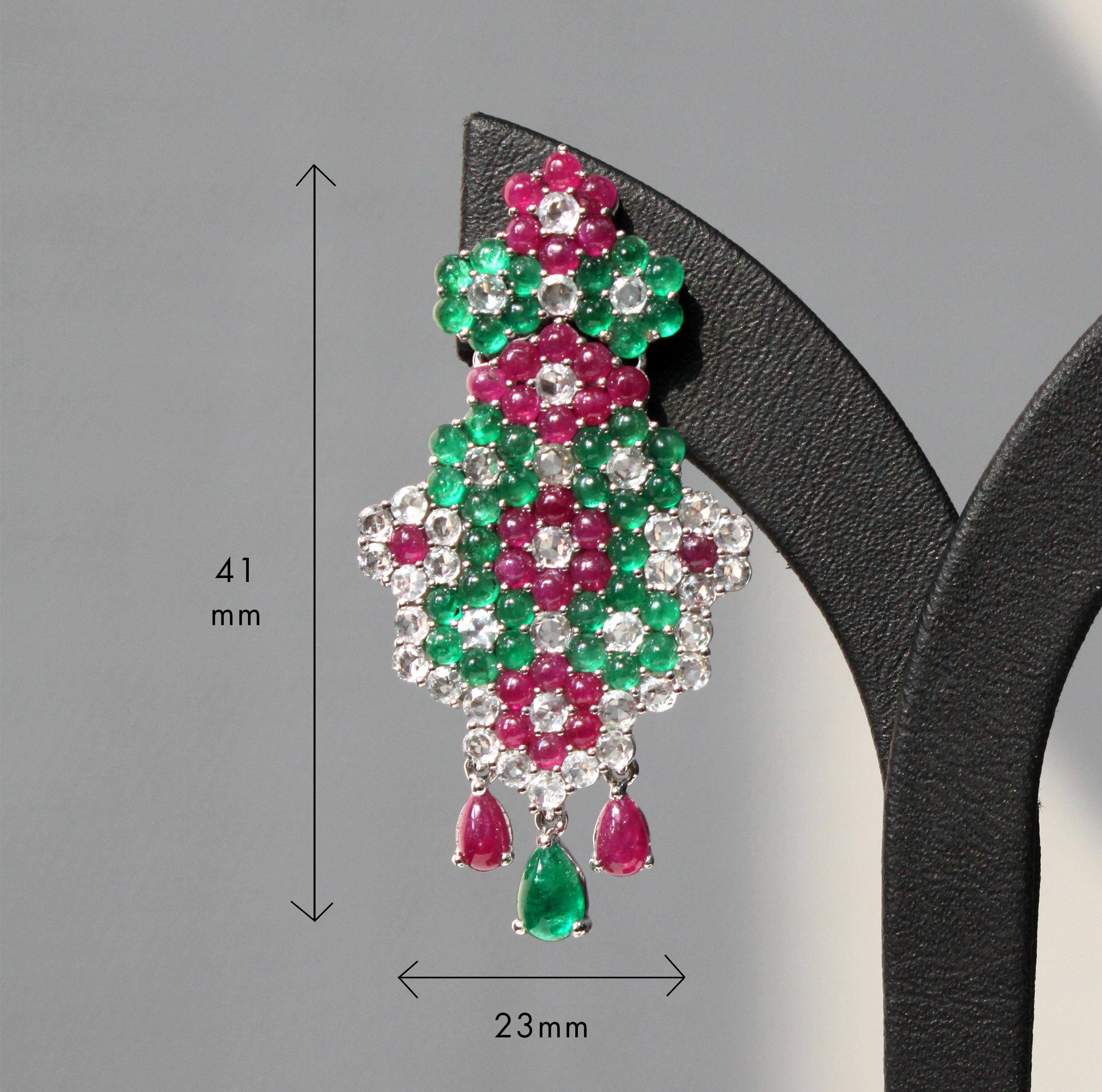 14K white gold earrings adorned with emeralds, rubies, and white sapphires In New Condition For Sale In Bangkok, TH