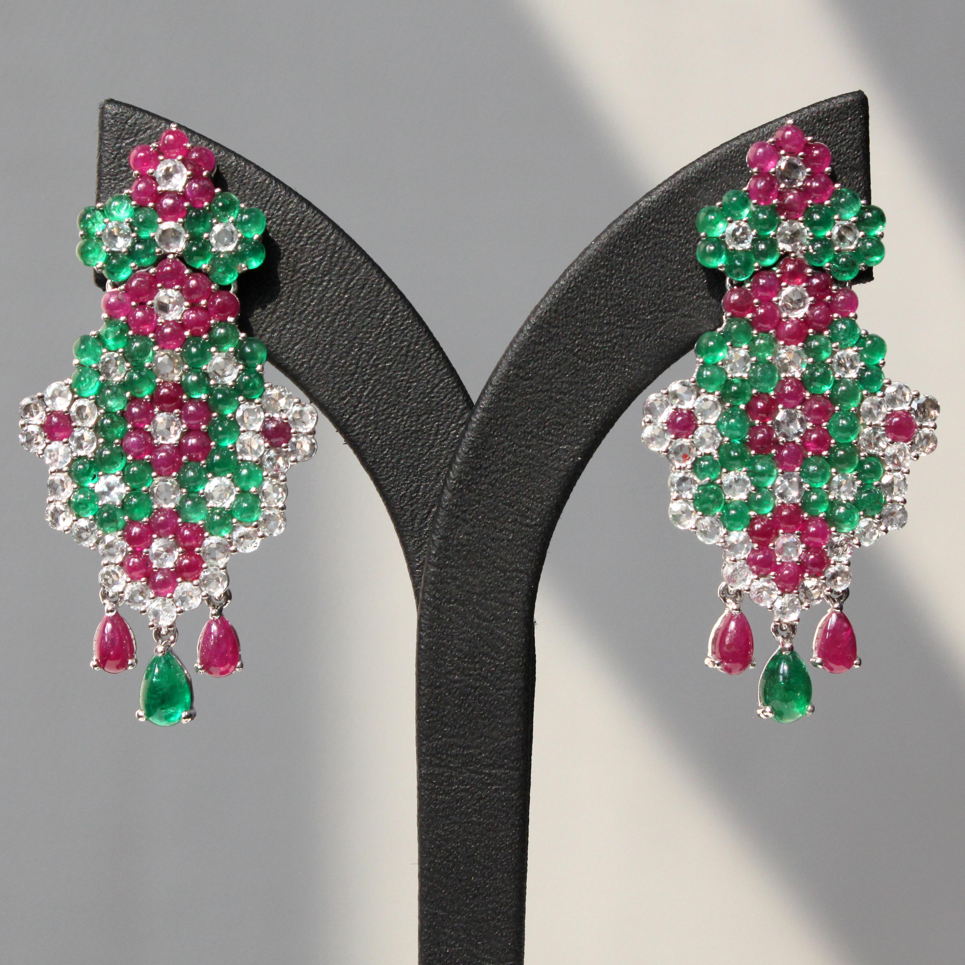 Women's 14K white gold earrings adorned with emeralds, rubies, and white sapphires For Sale