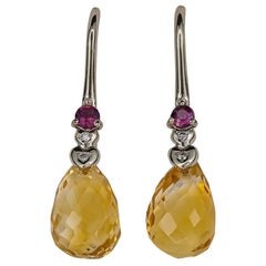 14k White Gold Earrings with Briolette Citrine, Pink Sapphires and Diamonds