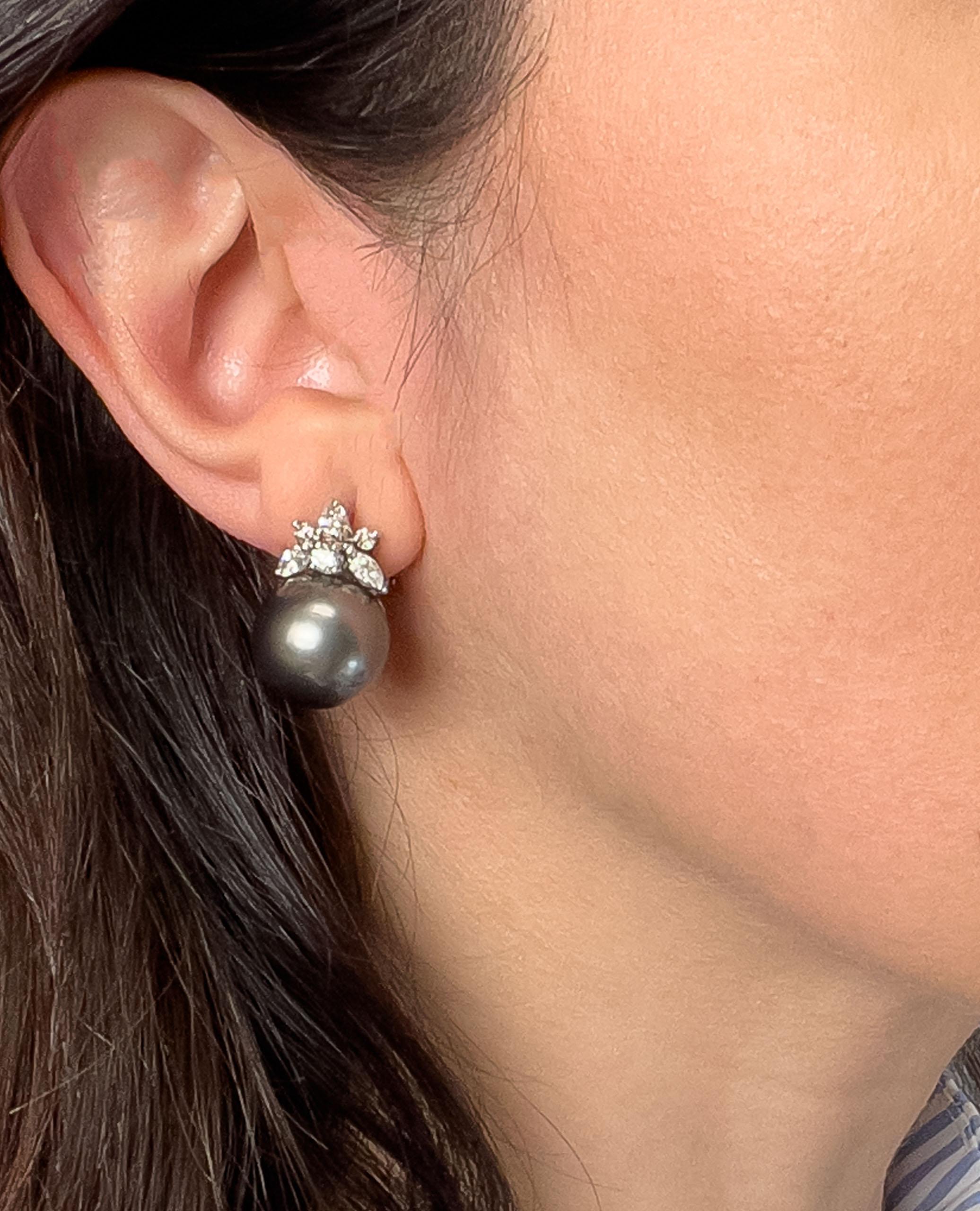 Round Cut 14K White Gold Earrings with Tahitian South Sea Pearls and Diamonds For Sale