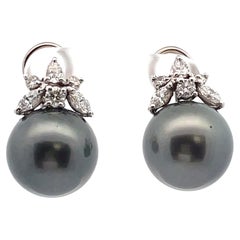 14K White Gold Earrings with Tahitian South Sea Pearls and Diamonds