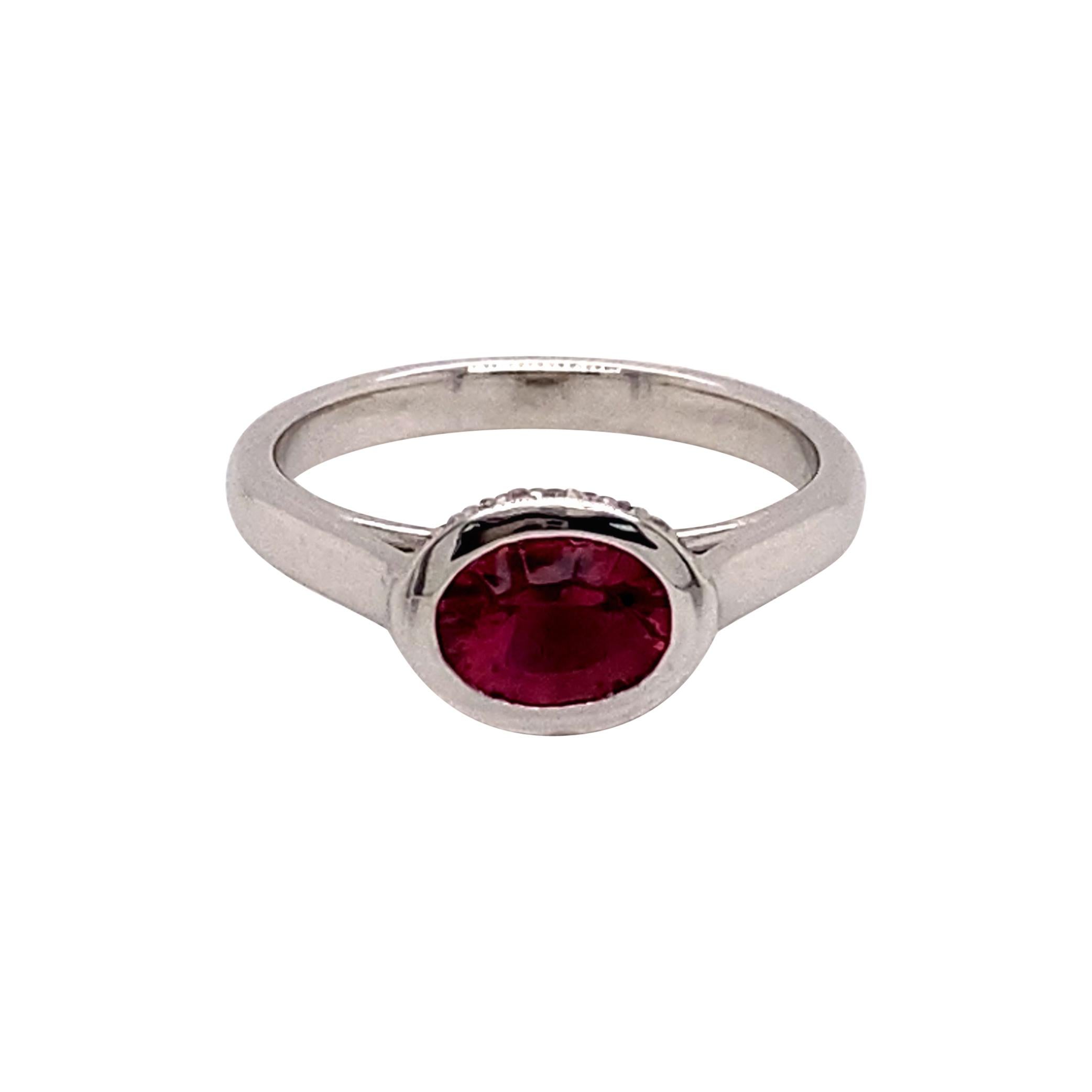 14k White Gold East West Horizontal Pink Oval Tourmaline and Diamond Ring For Sale