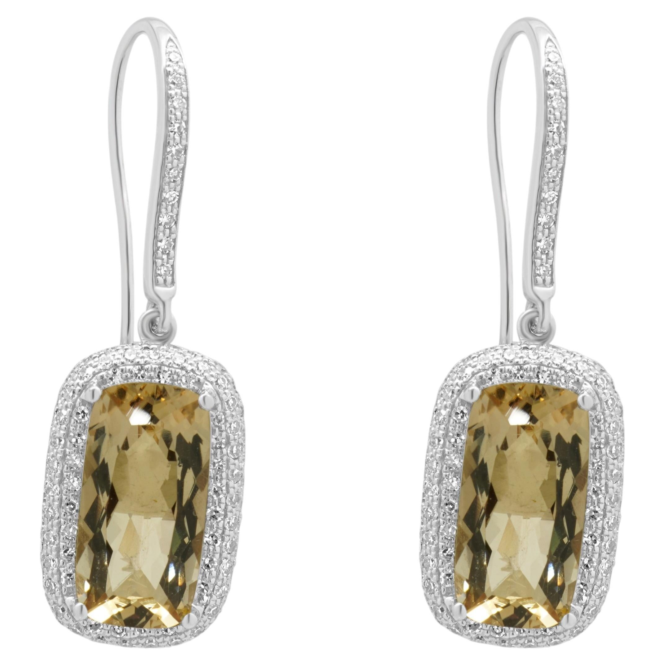 14k White Gold Elongated Cushion Cut Smoky Quartz and Pave Diamond Halo Earrings