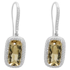 14k White Gold Elongated Cushion Cut Smoky Quartz and Pave Diamond Halo Earrings